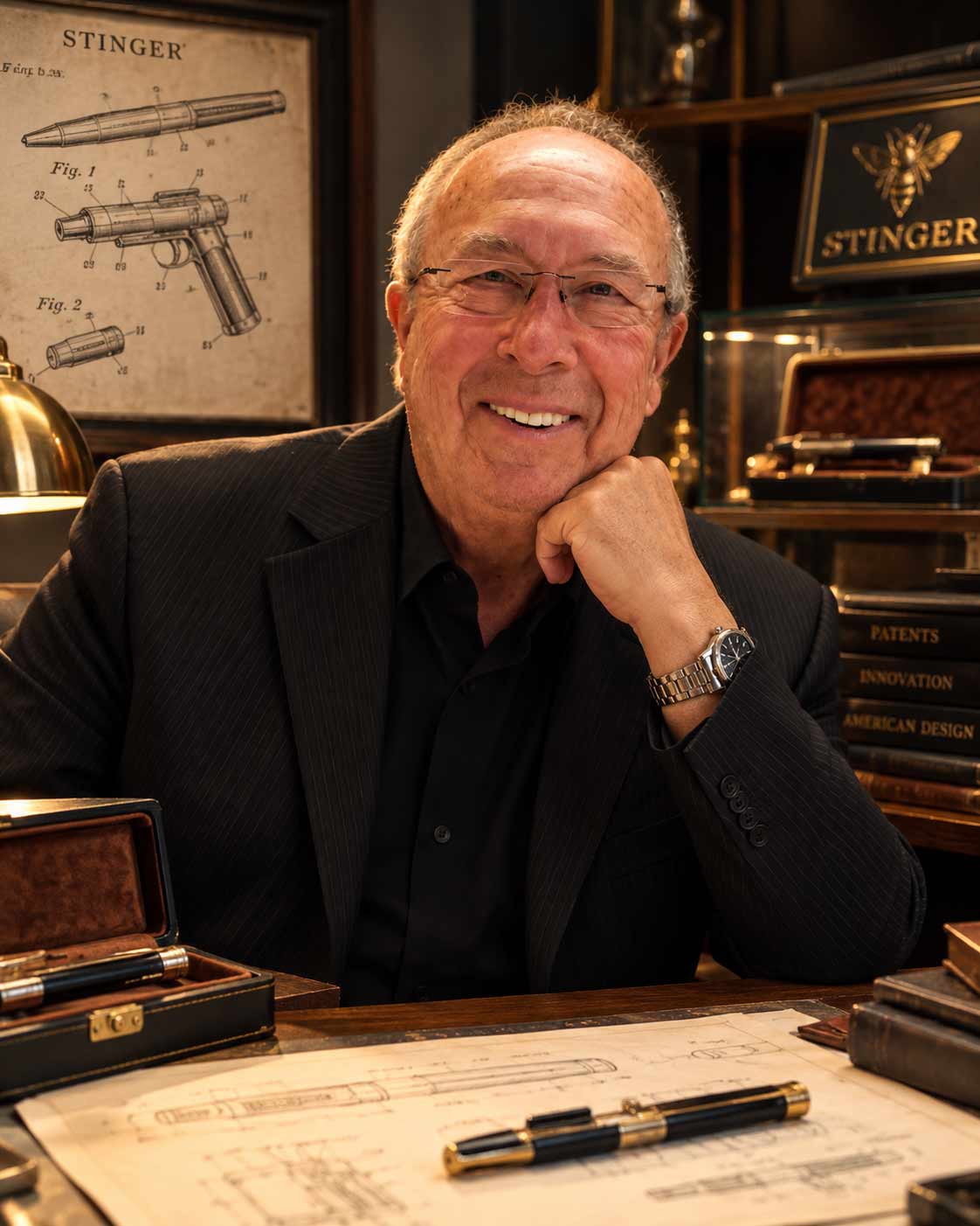 Robert J. Braverman smiling at a desk with a Stinger presentation case, a pen and technical drawings, a bee emblem sign on the shelves behind him