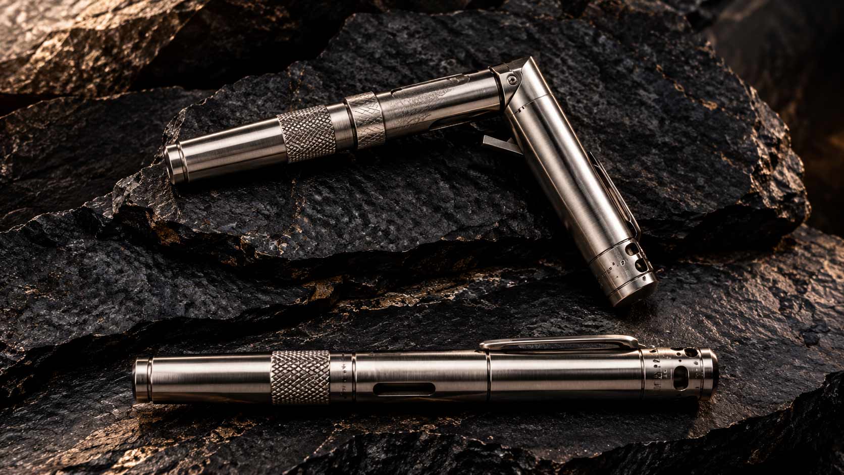Two stainless Stinger pen guns on dark stone, one folded at its hinge to fire and one closed as a pen with its pocket clip