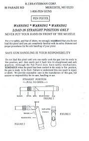 Printed instruction sheet headed R. J. Braverman Corp., Meredith, New Hampshire, Pen Pistol, with safety warnings and diagrams of the straight and folded positions