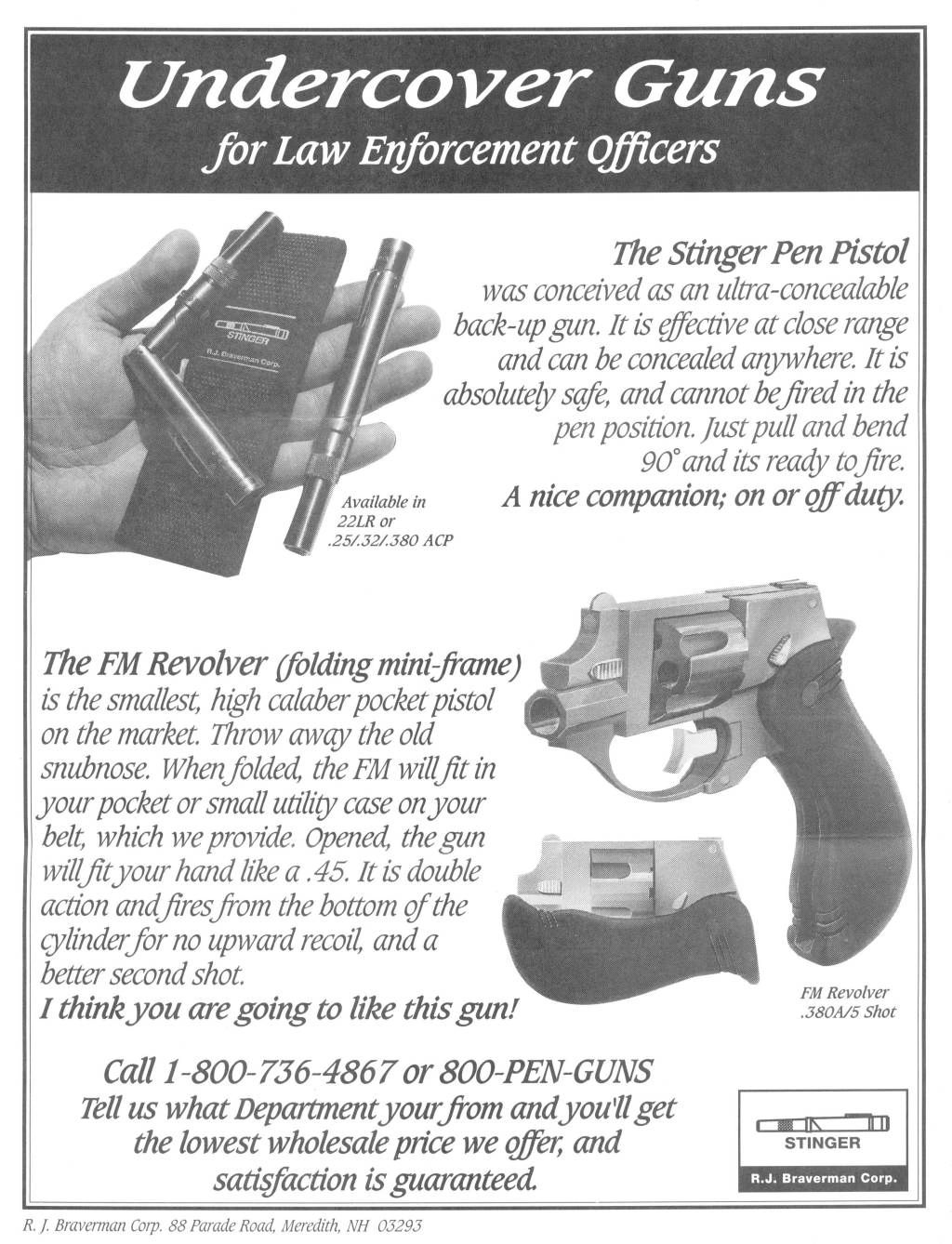 Printed page headed "Undercover Guns for Law Enforcement Officers" describing the Stinger pen pistol