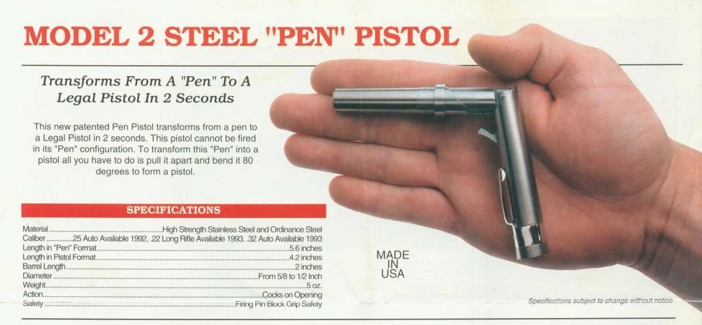 Advertisement card for the Model 2 Steel "Pen" Pistol, a hand holding the pistol folded open