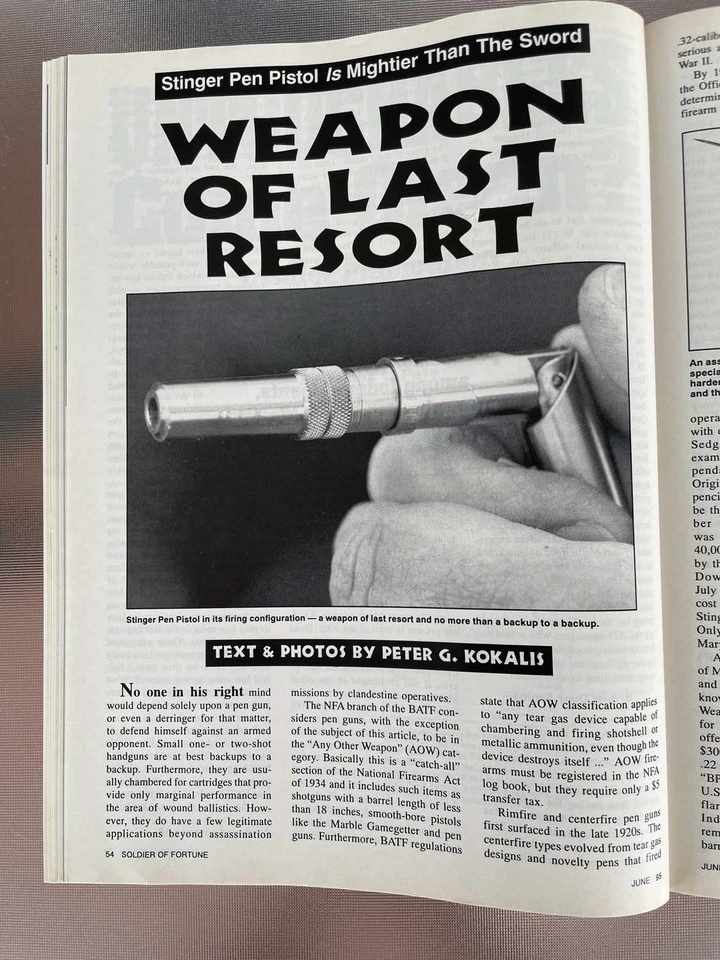 Soldier of Fortune, June 1995, page 54: the opening of the article Weapon of Last Resort, with a photograph of the Stinger Pen Pistol folded to fire