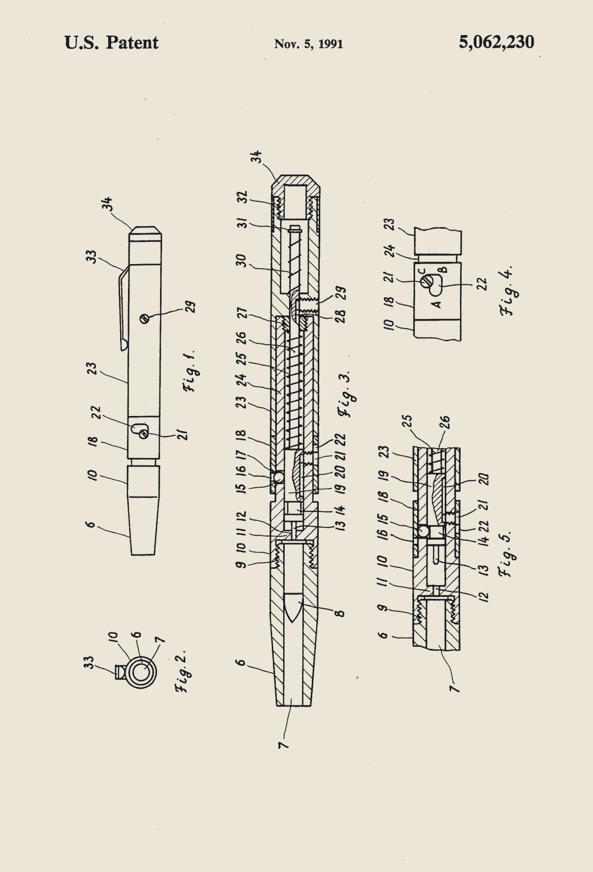 US Patent 5,062,230 drawing sheet 2: figures of the straight pen gun, its barrel, trigger collar and firing mechanism
