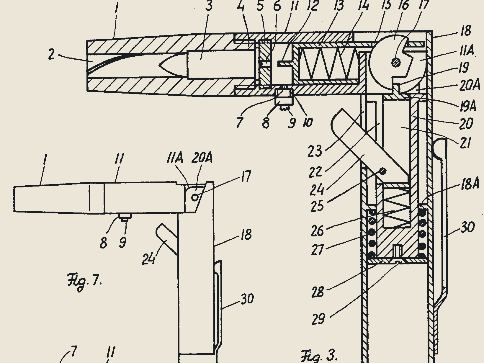 US Patent 5,062,231, Figures 3 and 7: the rear housing being hinged down and the pen gun folded to fire