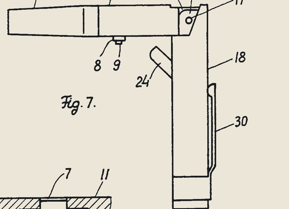 Patent drawing, US 5,062,231 Fig. 7: the rear housing hinged down to about ninety degrees, the firing position
