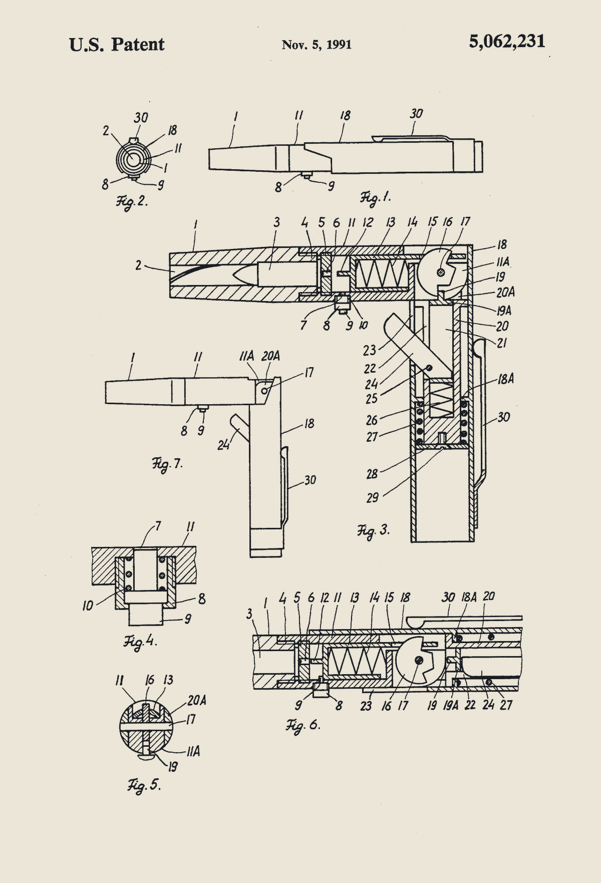 US Patent 5,062,231 drawing sheet 2: Figures 1 to 7 of the dual-profile pen gun, from the pen position to the folded firing position